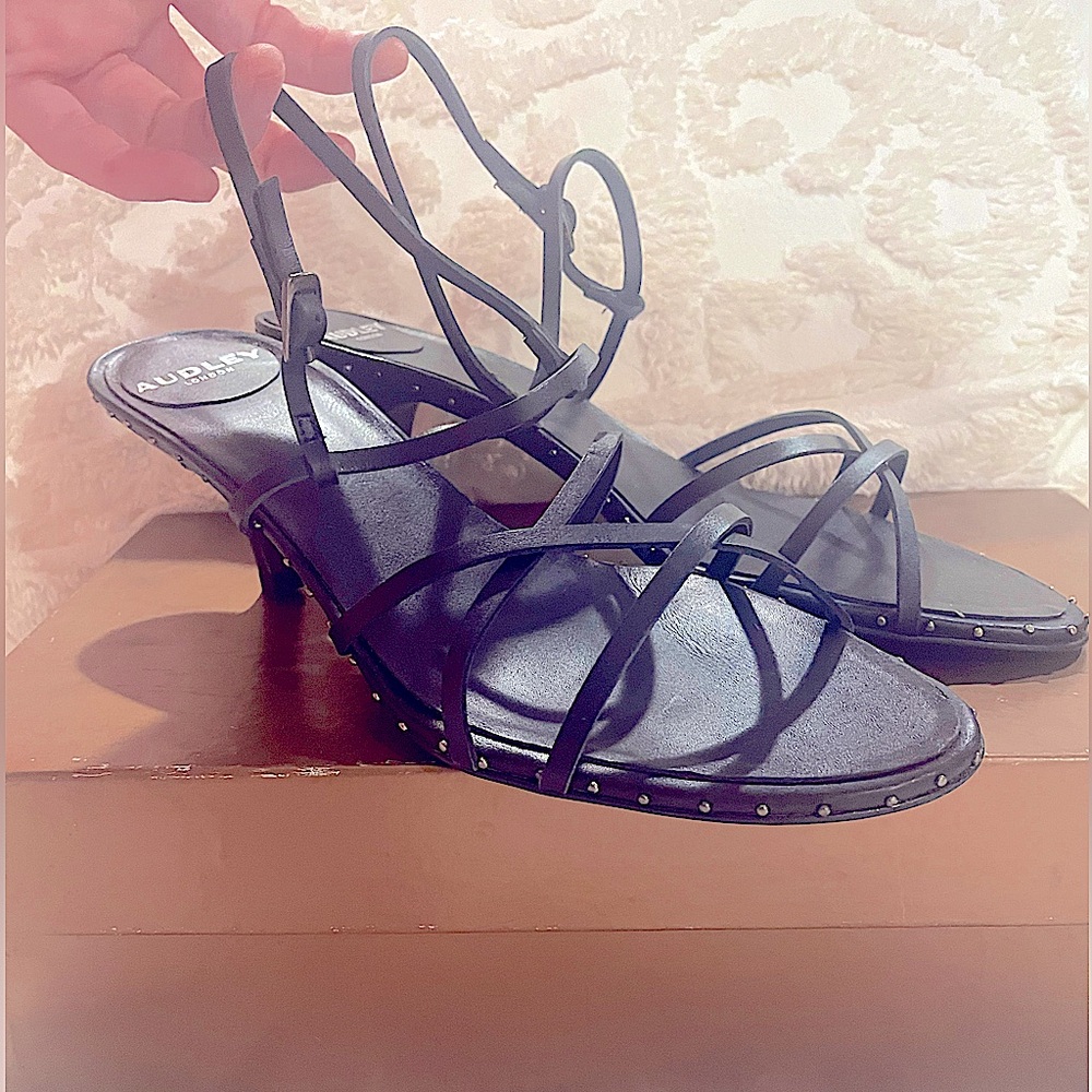 Audley London black leather strappy heeled sandals 38 1/2 NIB